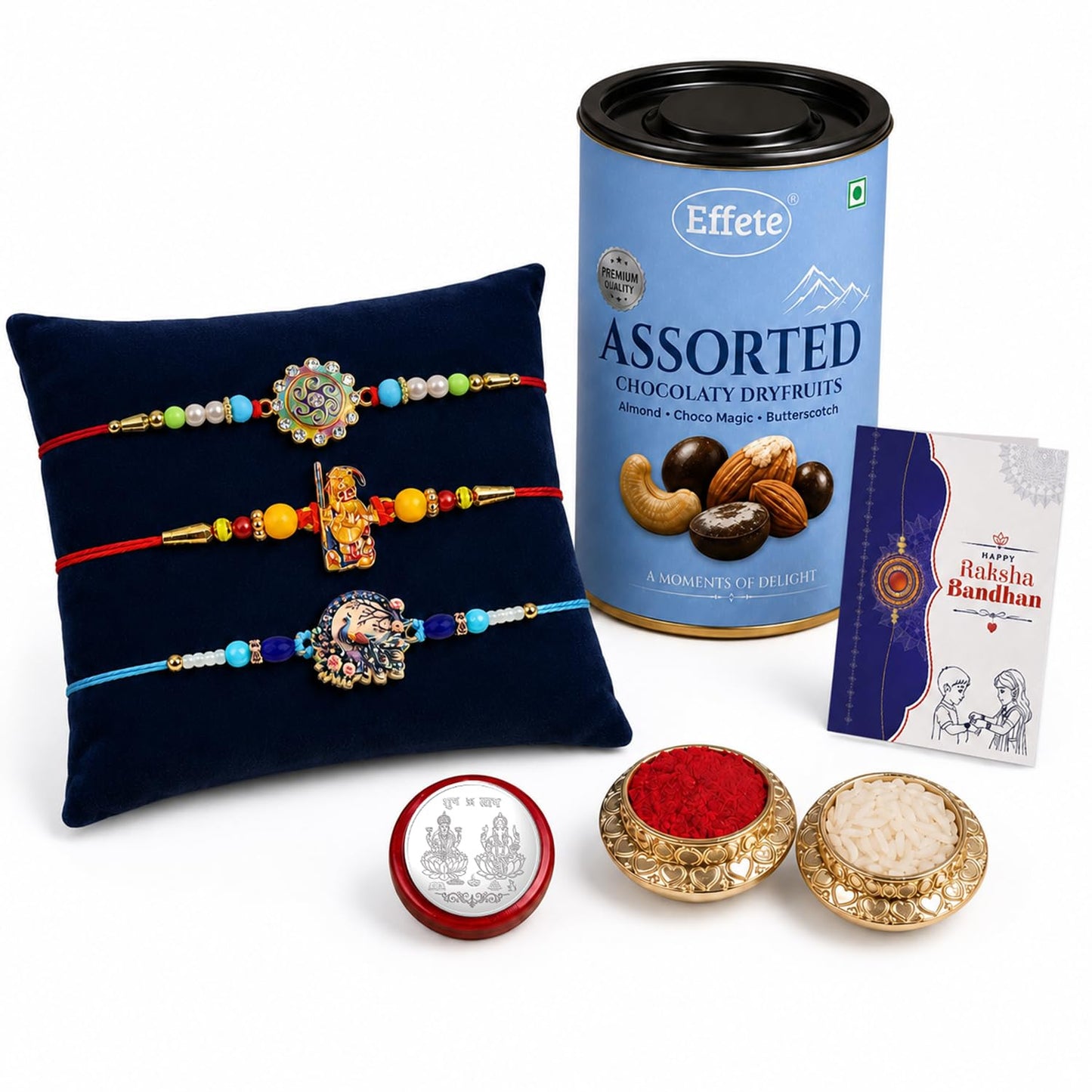 Ganesha, Peacock Rakhi Combo - Raksha Bandhan Gift with Assorted Choco 96gm, Pack of 7