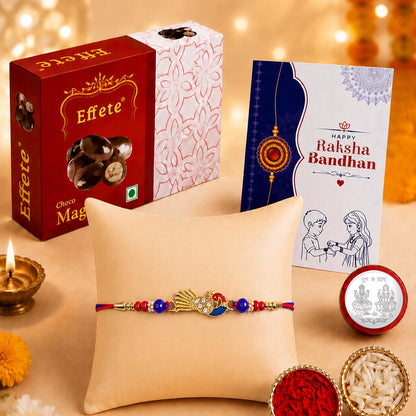 Peacock Rakhi for Brother with Choco Magic 32gm, Roli Chawal & Card | Pack of 5