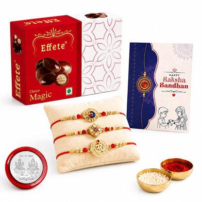 Kundan Rakhi for Brother with Chocolate Magic 32gm, Roli Tikka & Card, Pack of 7