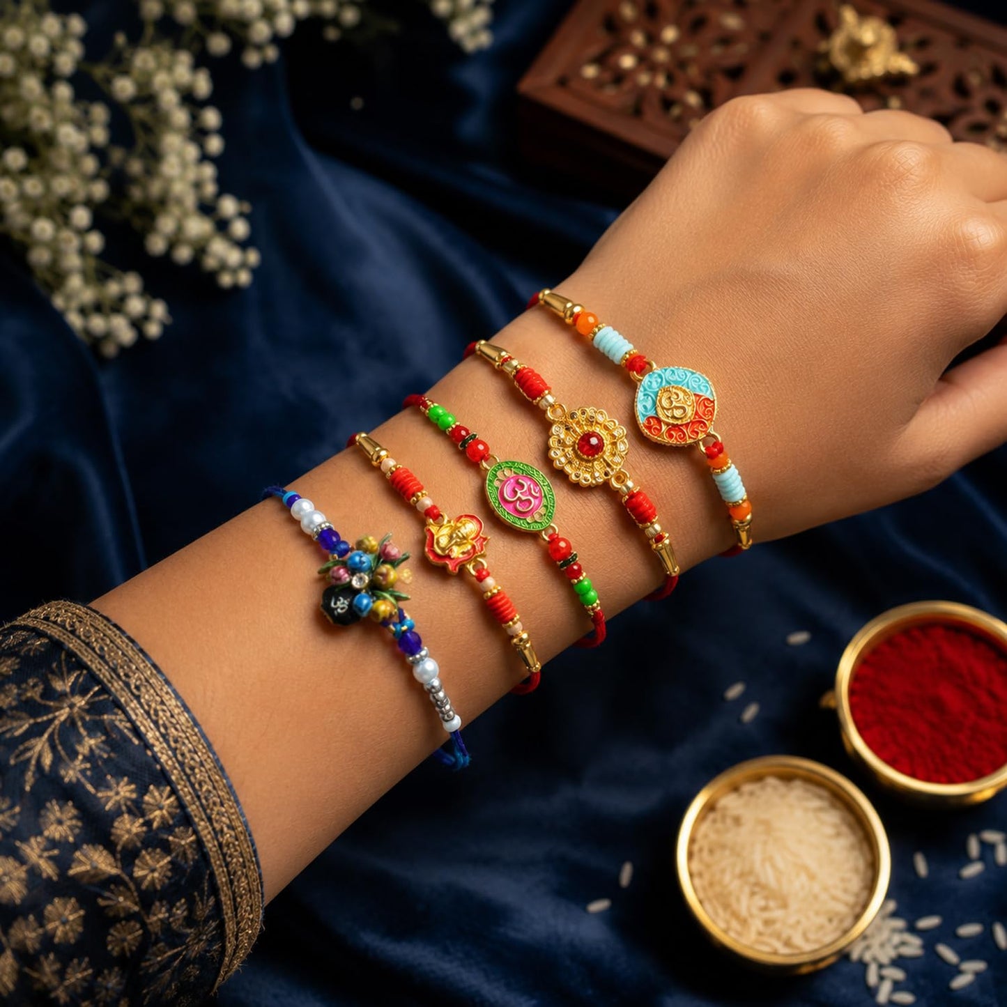 Handcrafted Divine Rakhi for Brother with Roli Tikka & Greeting Card, Pack of 8