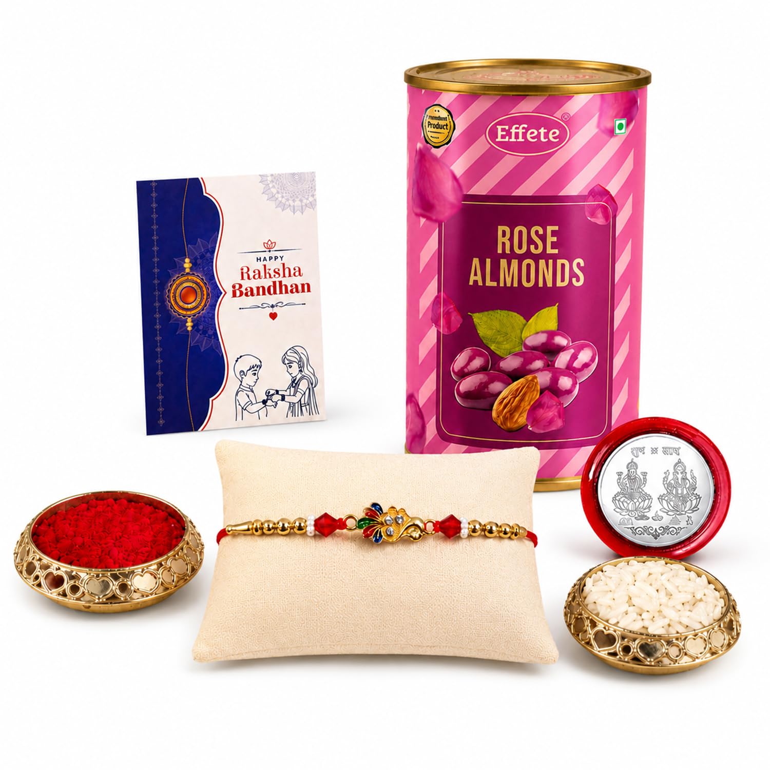 Peacock Rakhi for Brother with Rose Almond 96gm, Roli Tikka & Card, Pack of 5