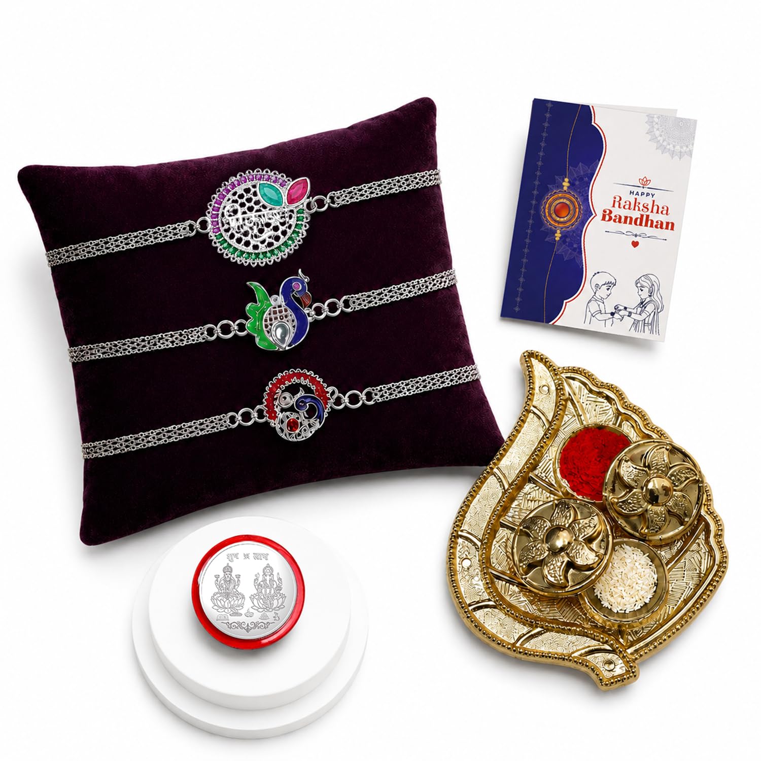 Krishna Silver Rakhi for Brother with Pooja Thali, Roli Tikka & Card, Pack of 7