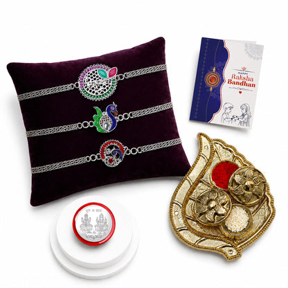 Krishna Silver Rakhi for Brother with Pooja Thali, Roli Tikka & Card, Pack of 7