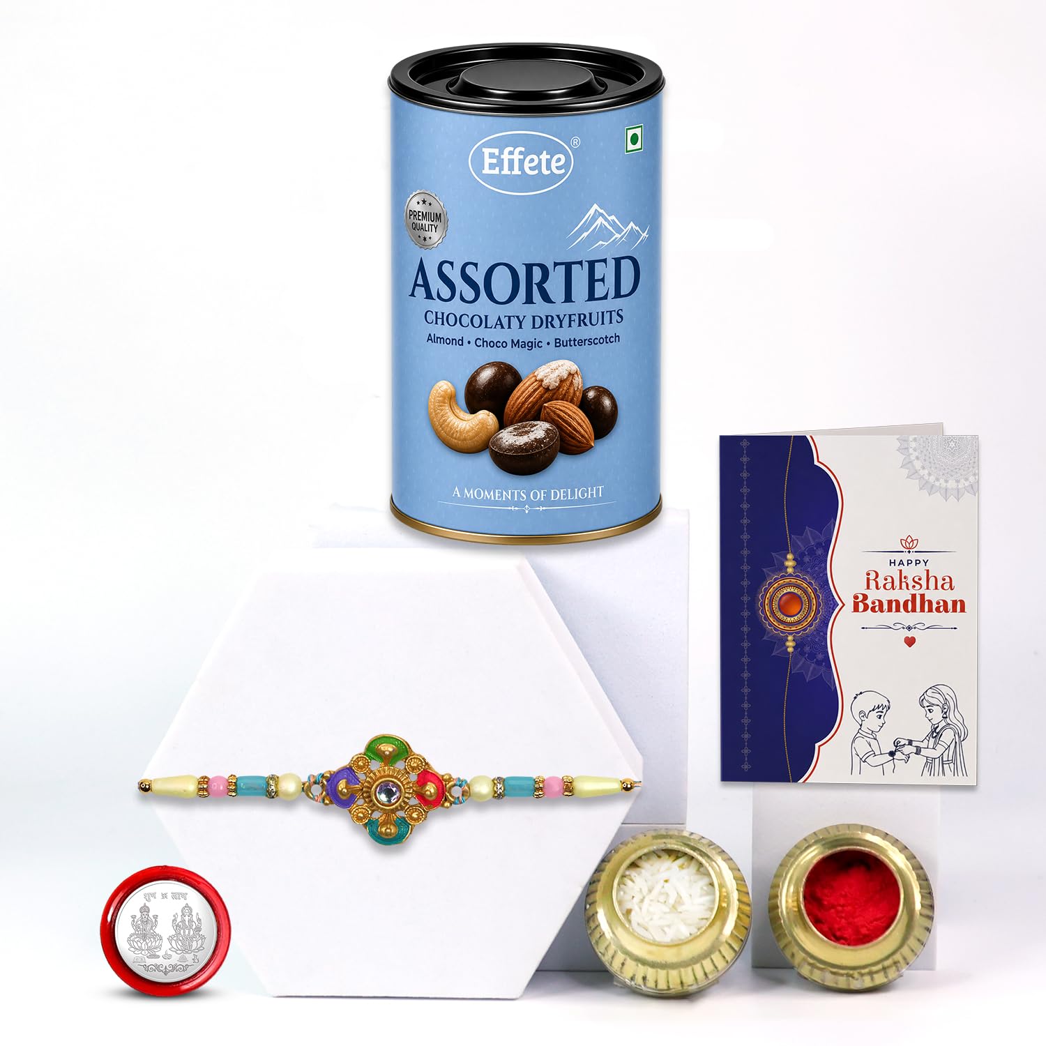 Colorful Rakhi for Brother with Choco Dryfruits 96gm, Coin & Card, Pack of 5