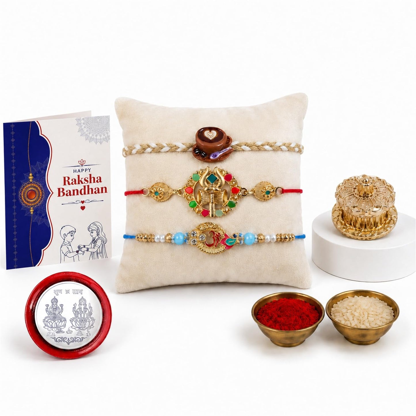 Coffee Cup, Om Rakhi Combo - Raksha Bandhan Gift with Golden Pooja Kankavati, Pack of 7