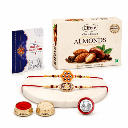 Floral Rakhi for Brother with Choco Almonds 32gm, Roli Tikka & Card | Pack of 6