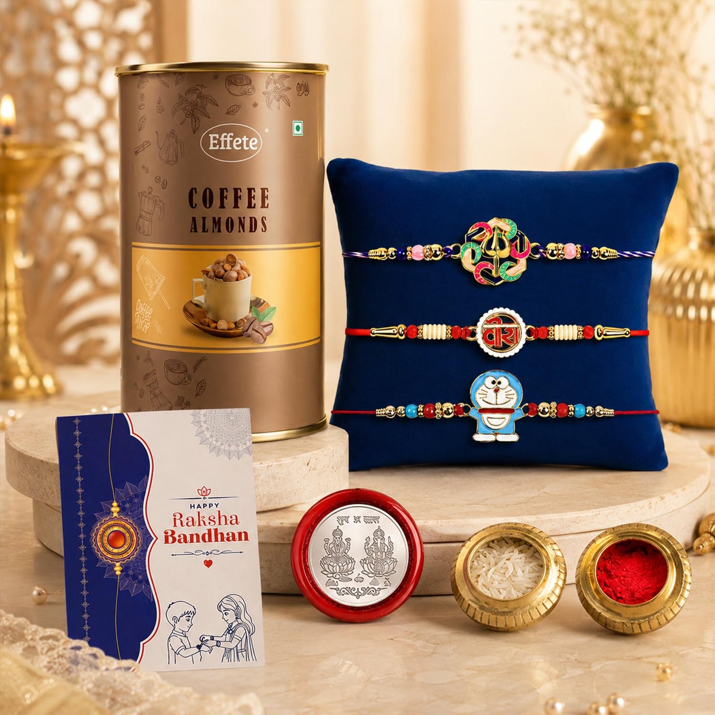 Designer Rakhi for Brother with Coffee Almond 96gm, Coin & Card | Pack of 3