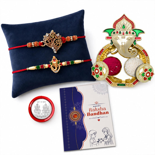 Multicolor Ganesha Bracelet/Rakhi & Shri Ganesh Pooja Thali with Silver Color Pooja Coin, Tikka/Tilak Set & Greeting Card, Rakhi Gift Hamper (Pack of 6) For Raksha Bandhan