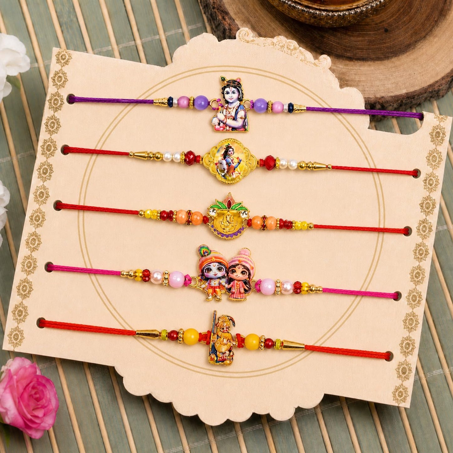 Designer Artistic Rakhi for Brother with Roli Tikka, Pooja Coin & Card, Pack of 8