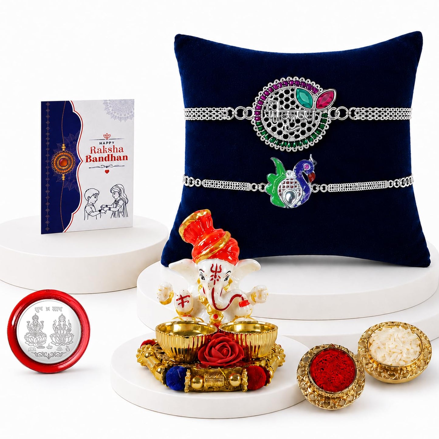 Designer Elegant Multicolor Krishna & Peacock Rakhi Combo for Brother | Pack of 6