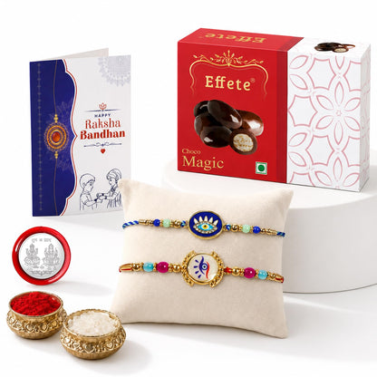 Multicolor Illuminati Eye Rakhi for Brother with Chocolate Magic 32gm, Pack of 6