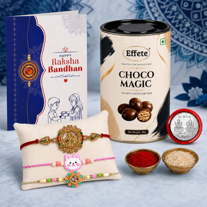 Deity Rakhi for Brother with Chocolate Magic 96gm, Roli Tikka & Card - Pack of 7