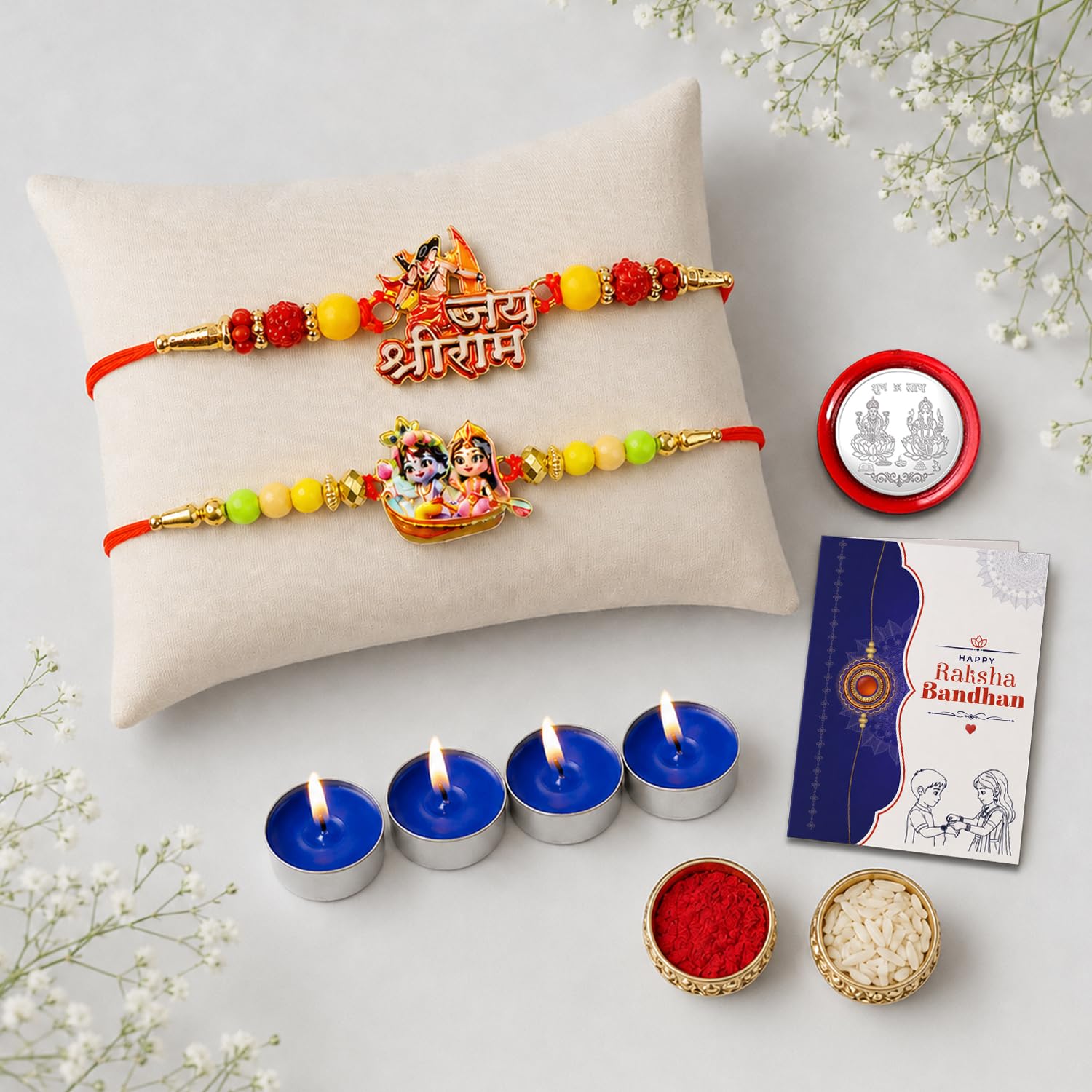 Shri Ram Rakhi Combo - Raksha Bandhan Gift with Tealight Candles 4pcs, Pack of 6