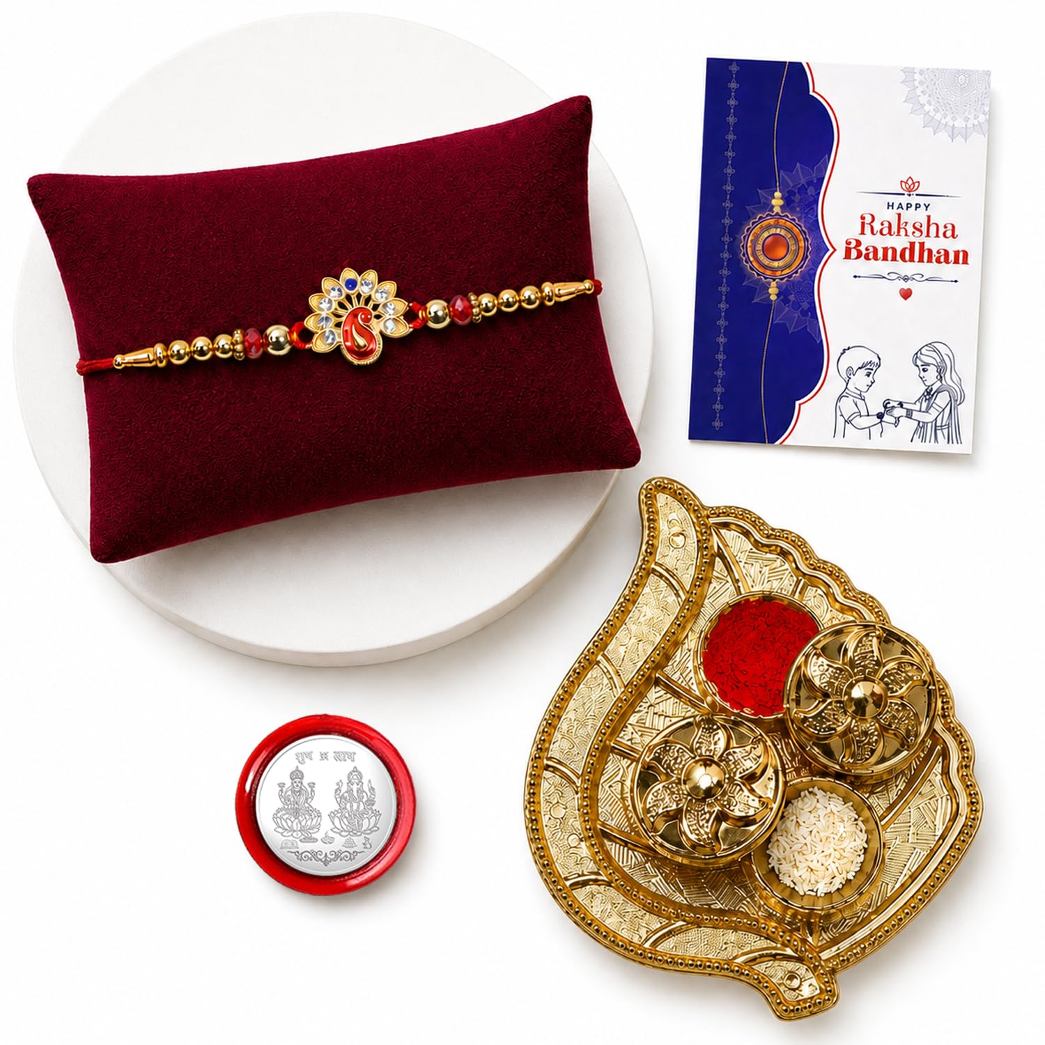 Peacock Rakhi Combo - Raksha Bandhan Gift with Leaf Design Pooja Thali, Pack of 5
