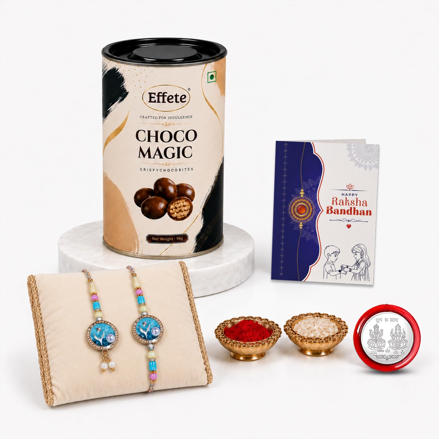 Designer Rakhi for Brother with Choco Magic 96gm, Roli Tikka, Pack of 6 | Stylish
