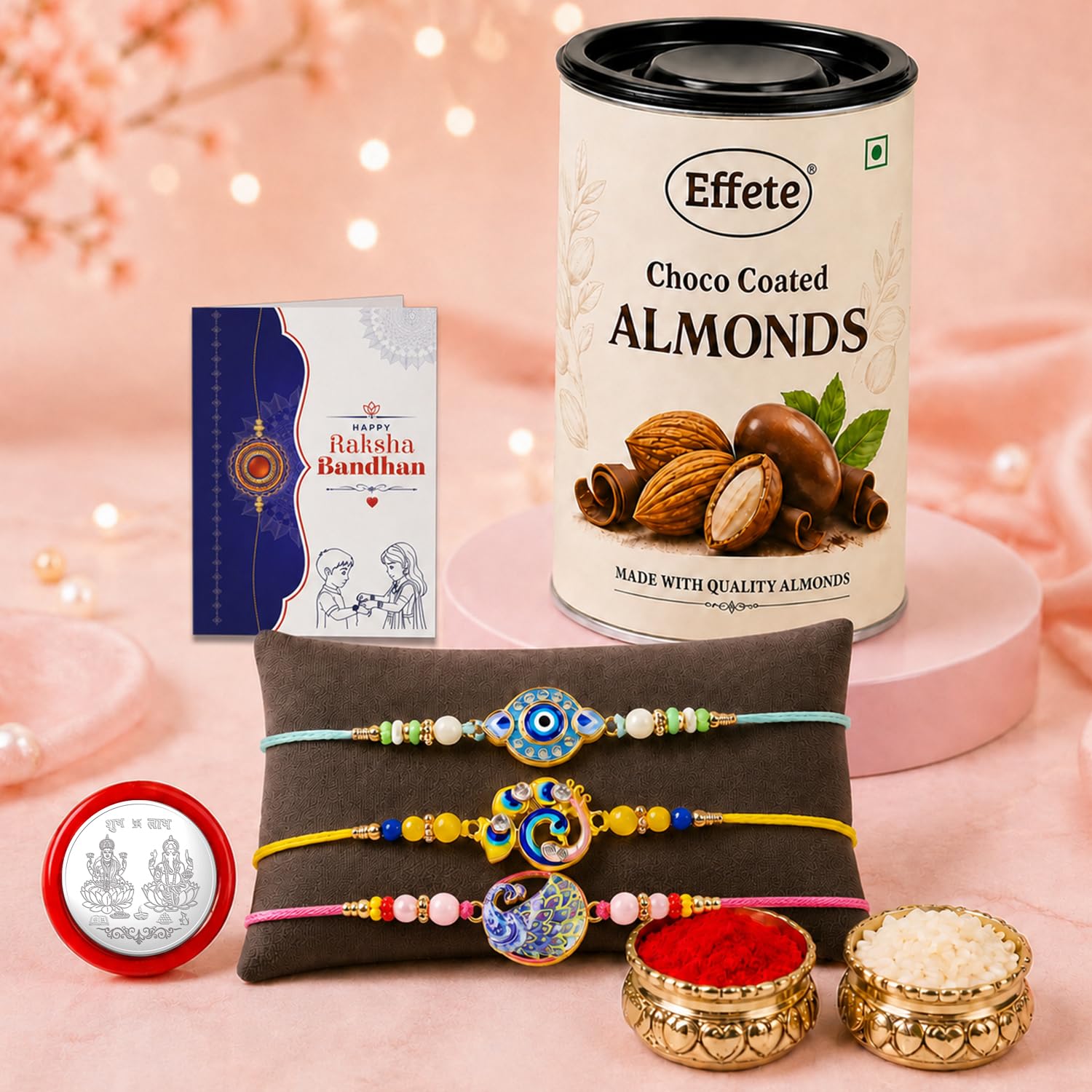 Evil Eye, Bird Rakhi Combo - Raksha Bandhan Gift with Choco Almonds 96gm, Pack of 7