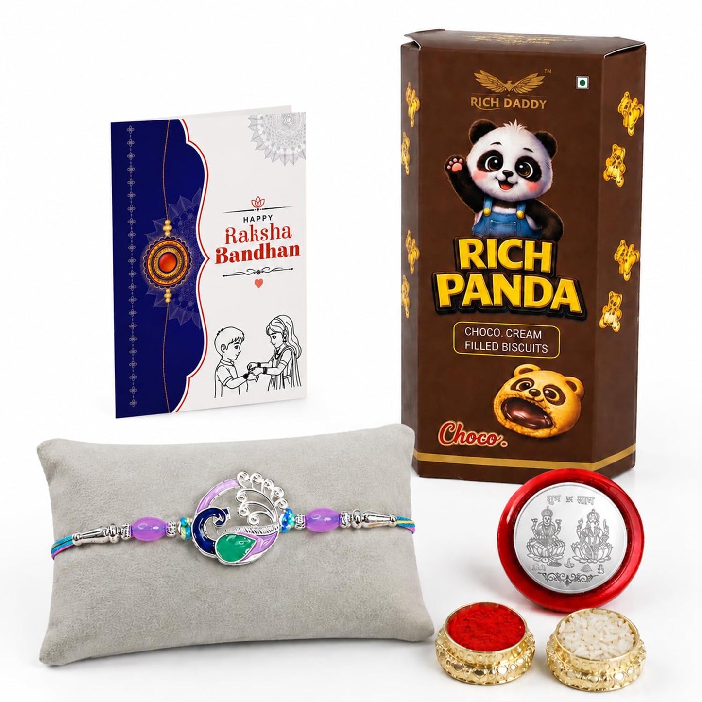 Peacock Rakhi for Brother with Choco Cream Biscuit 60gm, Coin & Card, Pack of 5