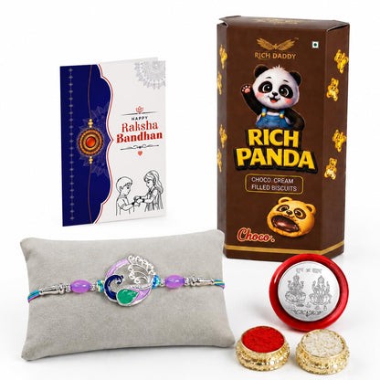 Peacock Rakhi for Brother with Choco Cream Biscuit 60gm, Coin & Card, Pack of 5