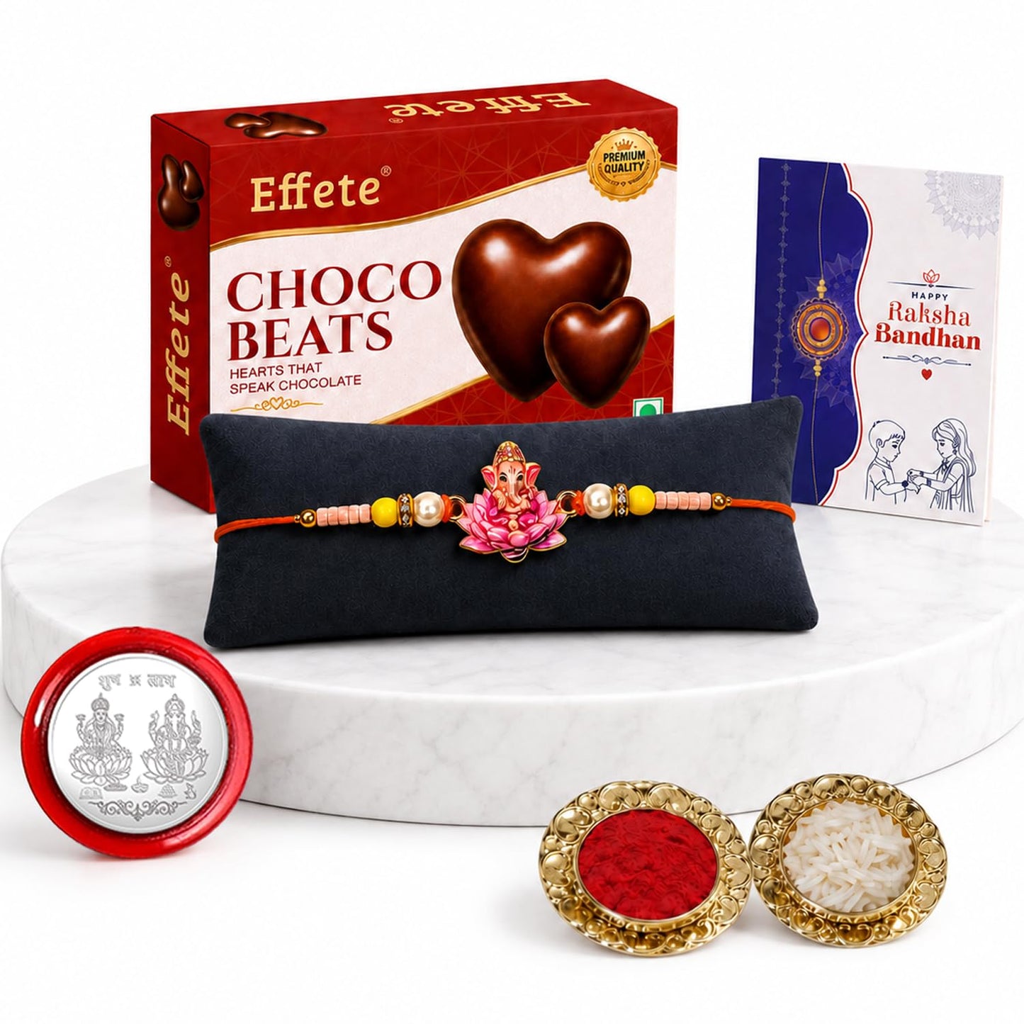 Ganesha Rakhi for Brother with Chocolate Beats 32gm, Roli Tikka & Card, Pack of 5