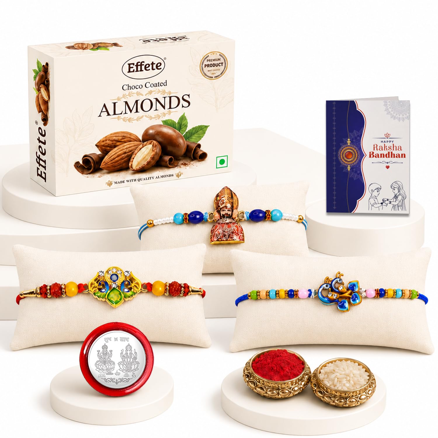 Khatu Shyam, Trishul Rakhi Combo - Raksha Bandhan Gift with Choco Almonds 32gm, Pack of 7