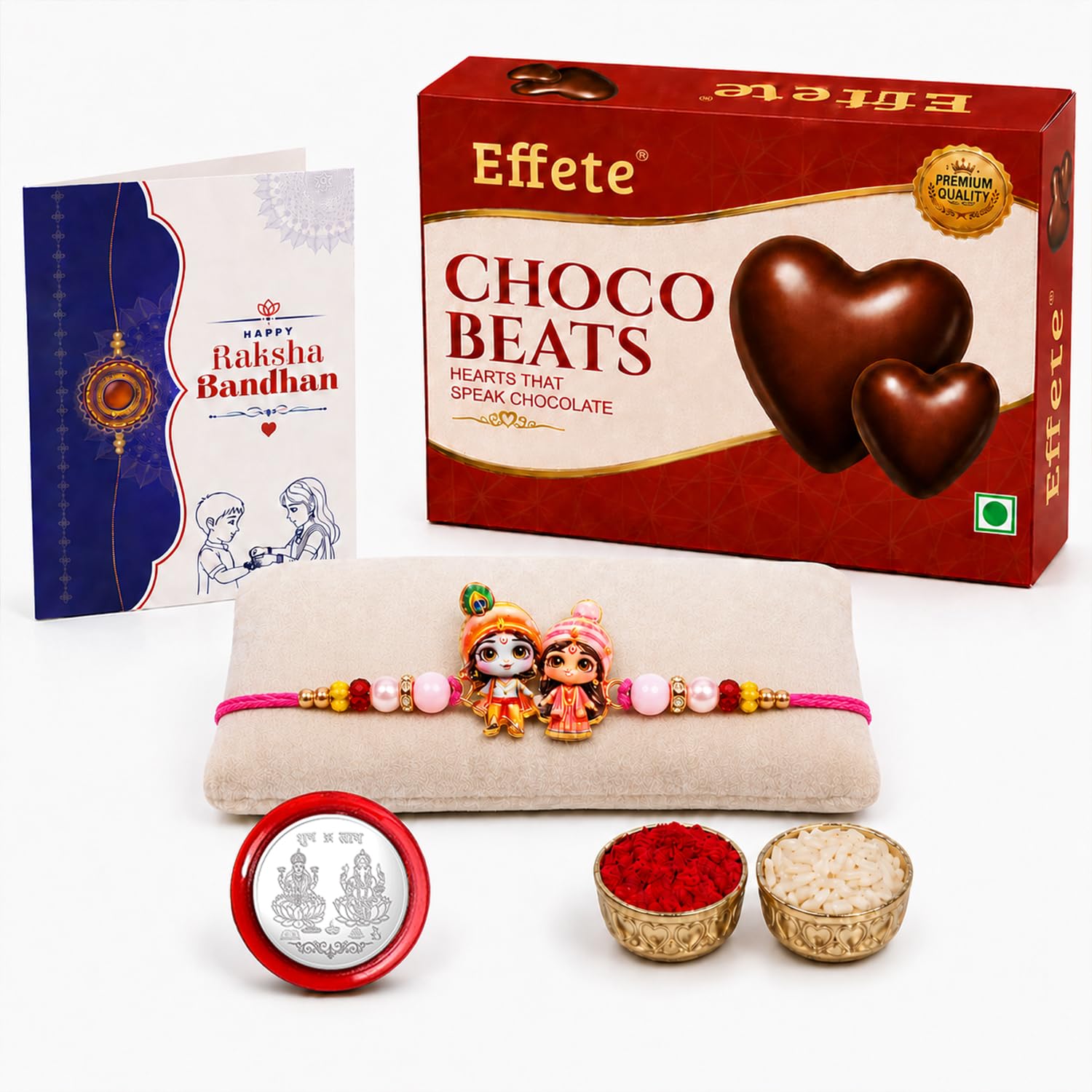 Krishna Radha Rakhi for Brother with Chocolate Beats 32gm, Coin & Card, Pack of 5