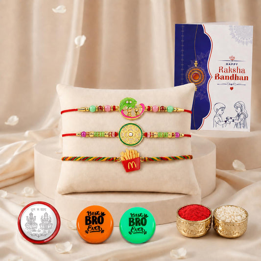 Fast Food Multicolor Rakhi with Decorative Magnets – Gift Combo for Bhai (Pack of 8) For Raksha Bandhan
