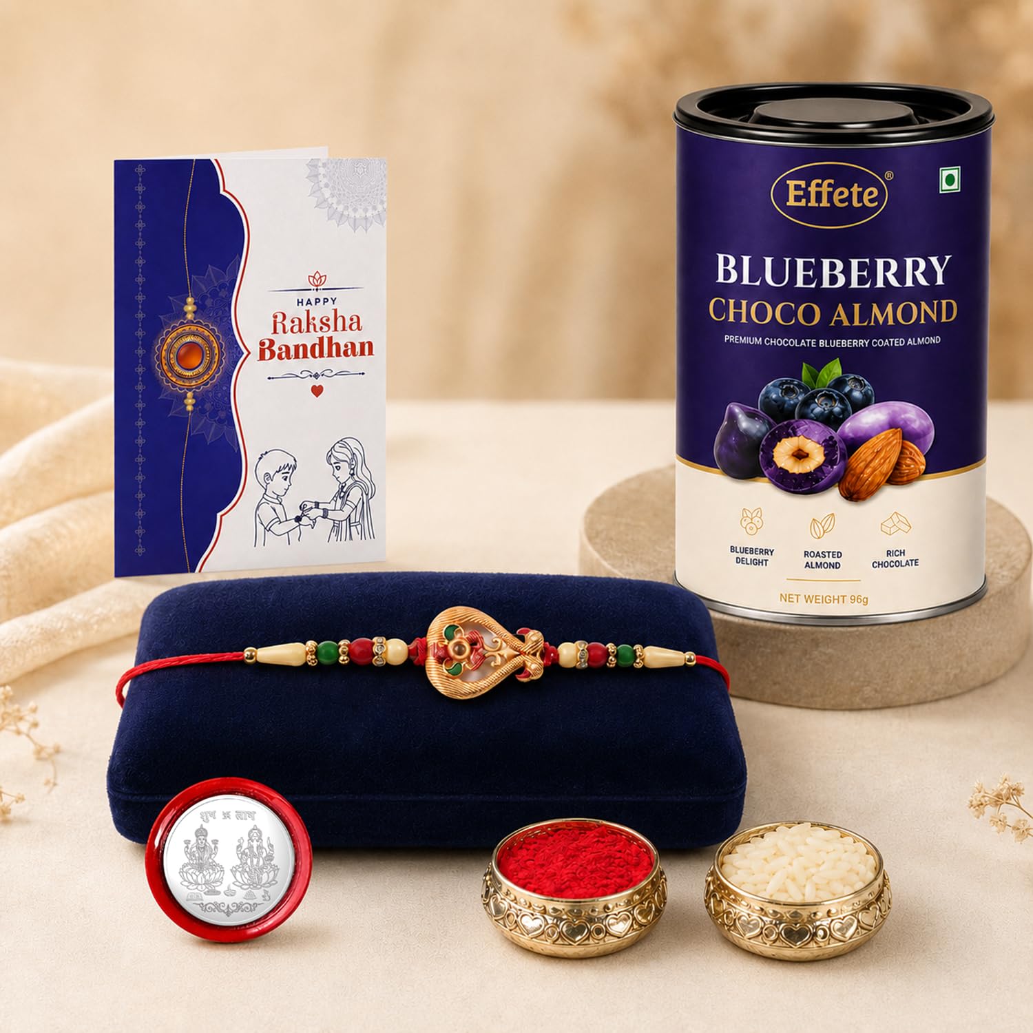 Birds Rakhi for Brother with Blueberry Almond 96gm, Roli Chawal & Card, Pack of 5