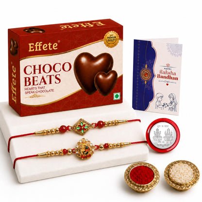 Floral Rakhi for Brother with Chocolate Beats 32gm, Roli Tikka & Card, Pack of 6
