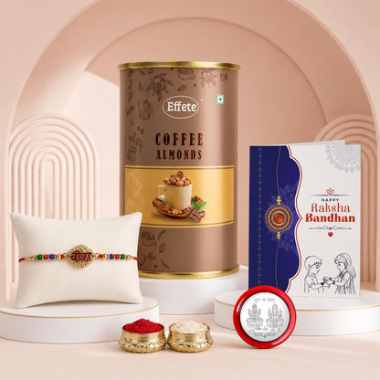 Veera Multicolor Rakhi & Coffee Almond 96gm with Roli Chawal, Silver Color Pooja Coin & Greeting Card, Rakshbandhan Combo, Rakhi & Chocolate, Pack of 5 For Raksha Bandhan