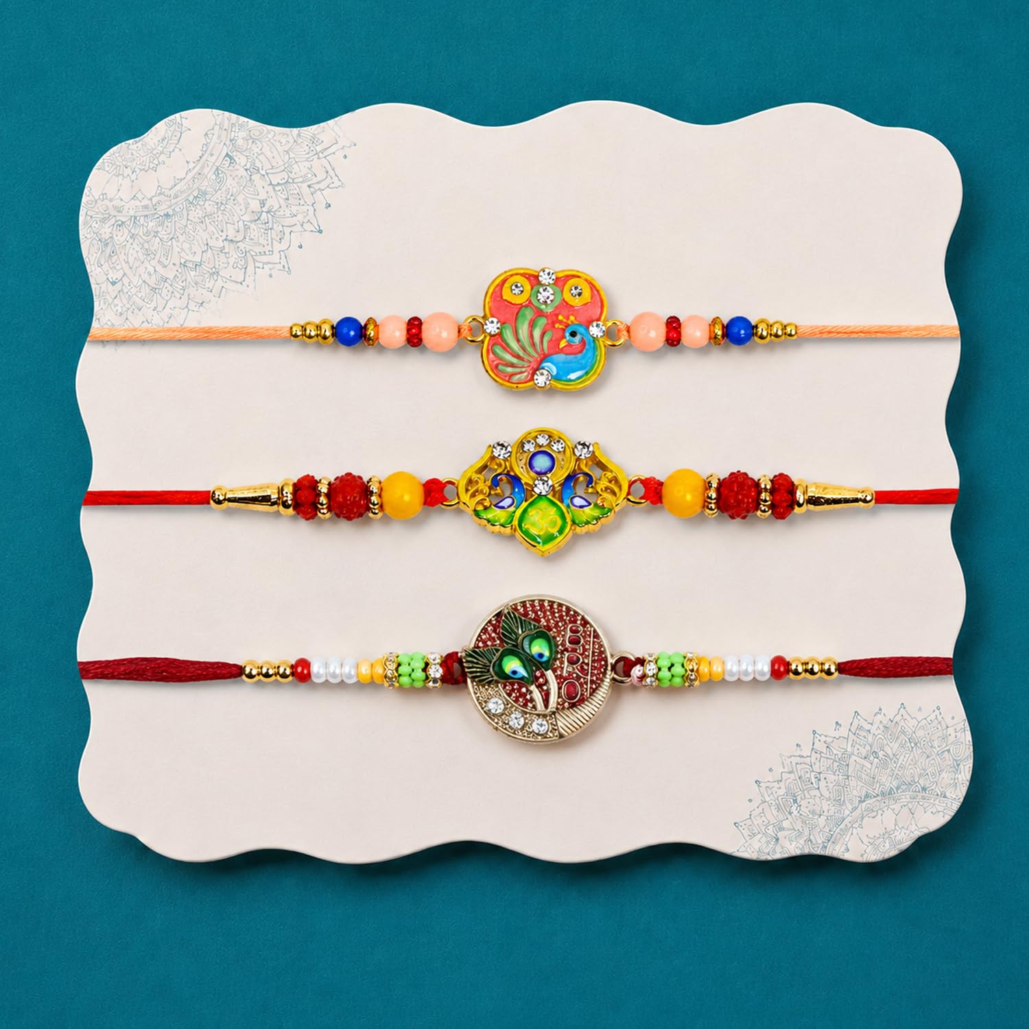 Designer Stylish Multicolor Peacock Rakhi for Brother with Roli Tikka, Pack of 6