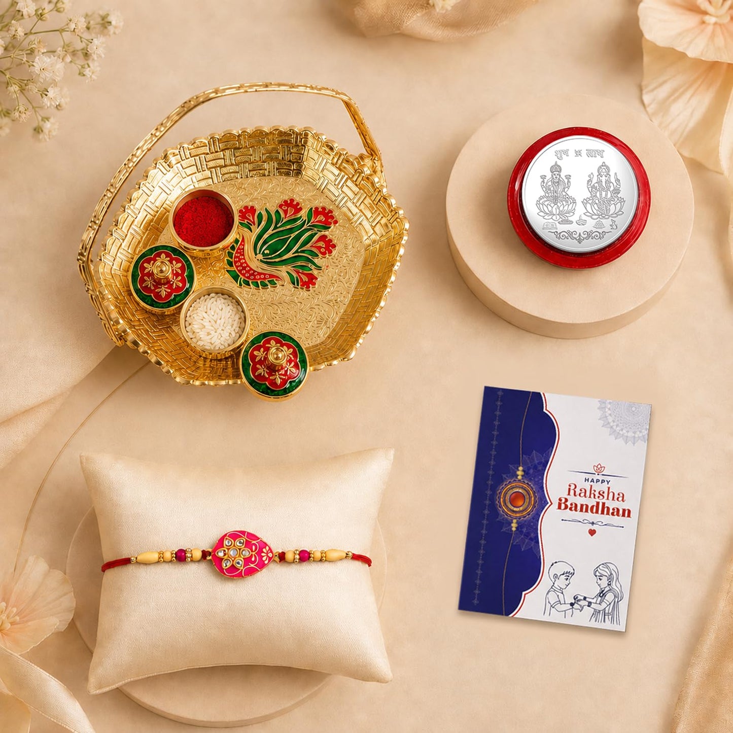 OM Multicolor Rakhi for Brother & Bhaiya with Basket-Topli Pooja | Pack of 5
