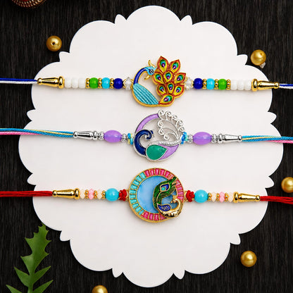 Designer Ethnic Multicolor Peacock Rakhi for Brother with Roli Tikka, Pack of 6