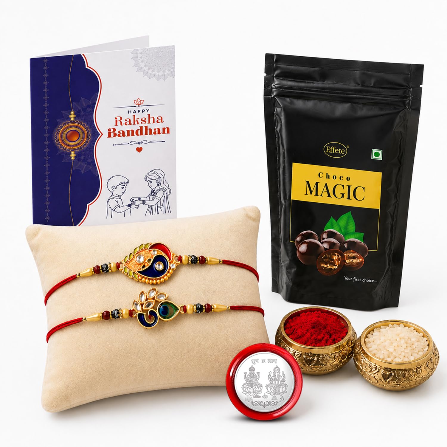Leaf Rakhi for Brother with Choco Magic Pouch, Roli Tikka & Card, Pack of 6