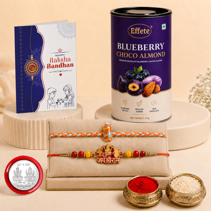 Rakhi Set for Brother (Set of 6) – Bottle & Jai Shree Ram Design Rakhi Combo with Chocolate, Roli Chawal, Silver Color Pooja Coin & Greeting Card – Raksha Bandhan Hamper (K2_1008+1654_BA96)