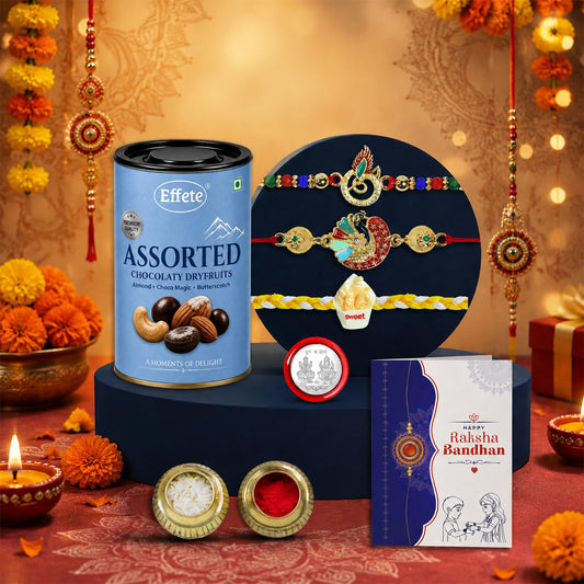 Rakhi with Chocolate for Brother (Set of 7) – Raksha Bandhan Festival Celebration Combo with Peacock, Round & Food Shape Rakhi, Chocolate, Roli Chawal, Silver Color Pooja Coin & Greeting Card