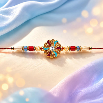 Deity Rakhi for Brother with Chocolate Magic 96gm, Roli Tikka & Card, Pack of 7