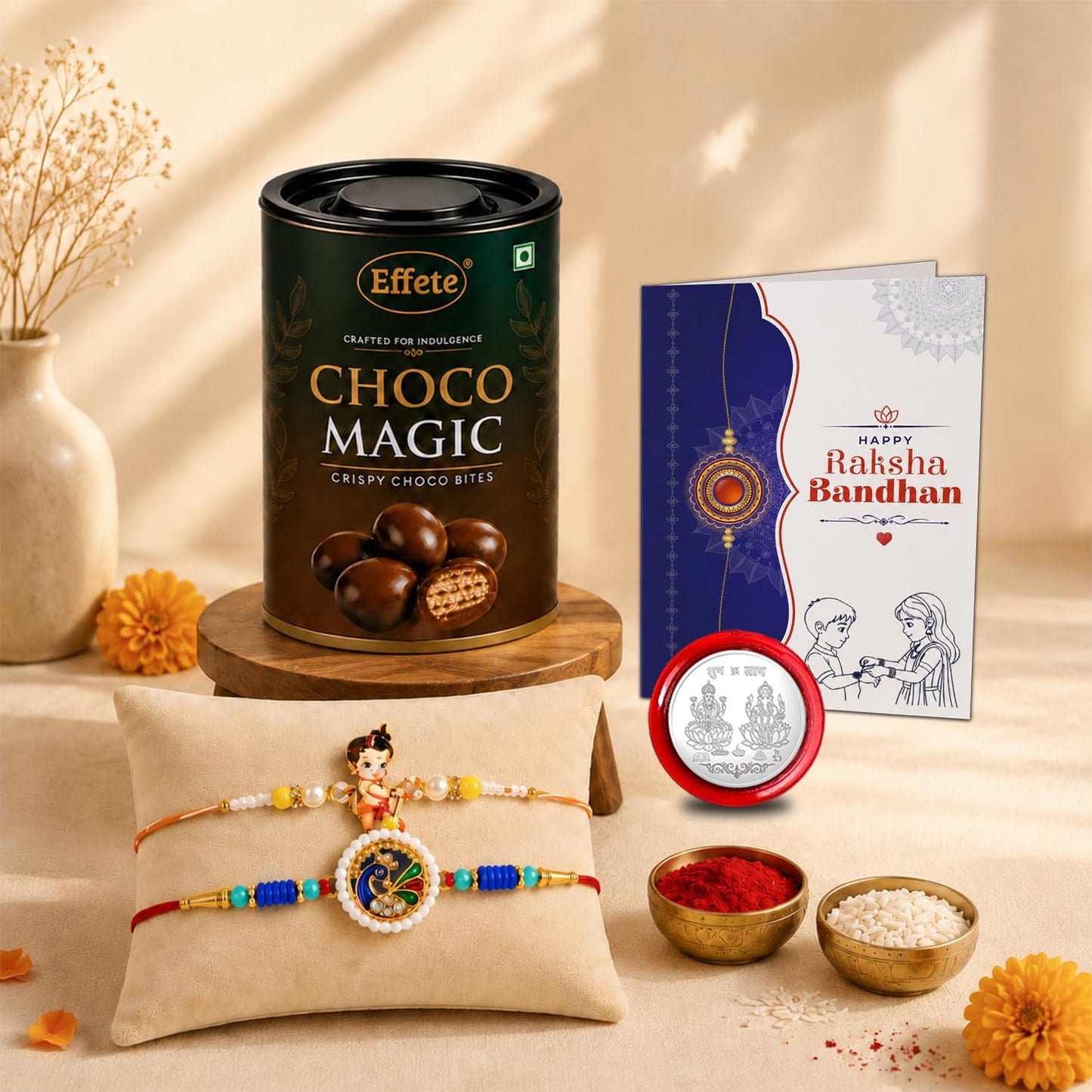 Rakhi with Chocolate for Brother (Set of 6) – Raksha Bandhan Festival Celebration Combo with Bal Hanuman & Peacock Design Rakhi, Chocolate, Roli Chawal, Silver Color Coin & Greeting Card