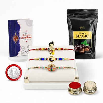 Peacock Rakhi for Brother with Choco Magic Pouch, Roli Tikka & Card, Pack of 7