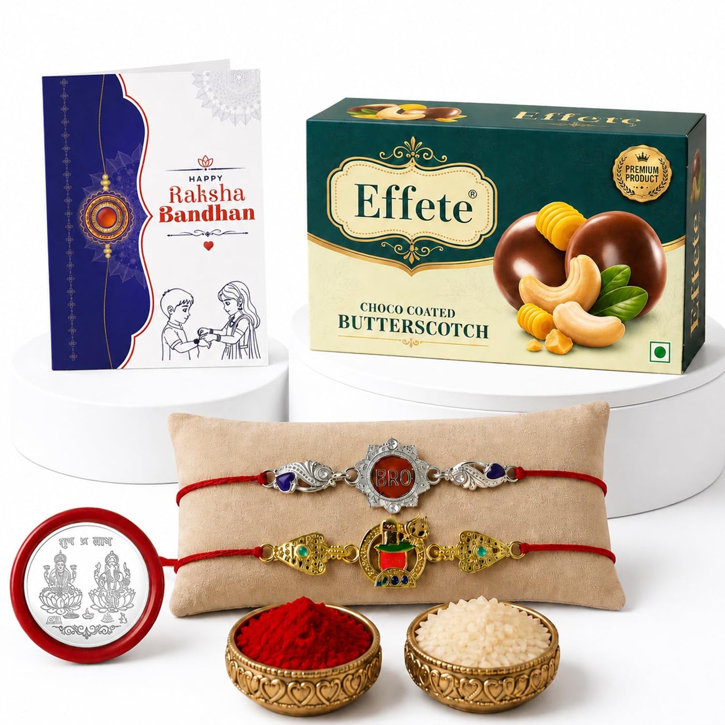 Rakhi with Chocolate for Brother (Set of 6) – Raksha Bandhan Festival Celebration Combo for Bhai with BRO & Shivling Design Rakhi, Chocolate, Roli Chawal, Silver Color Coin & Greeting Card