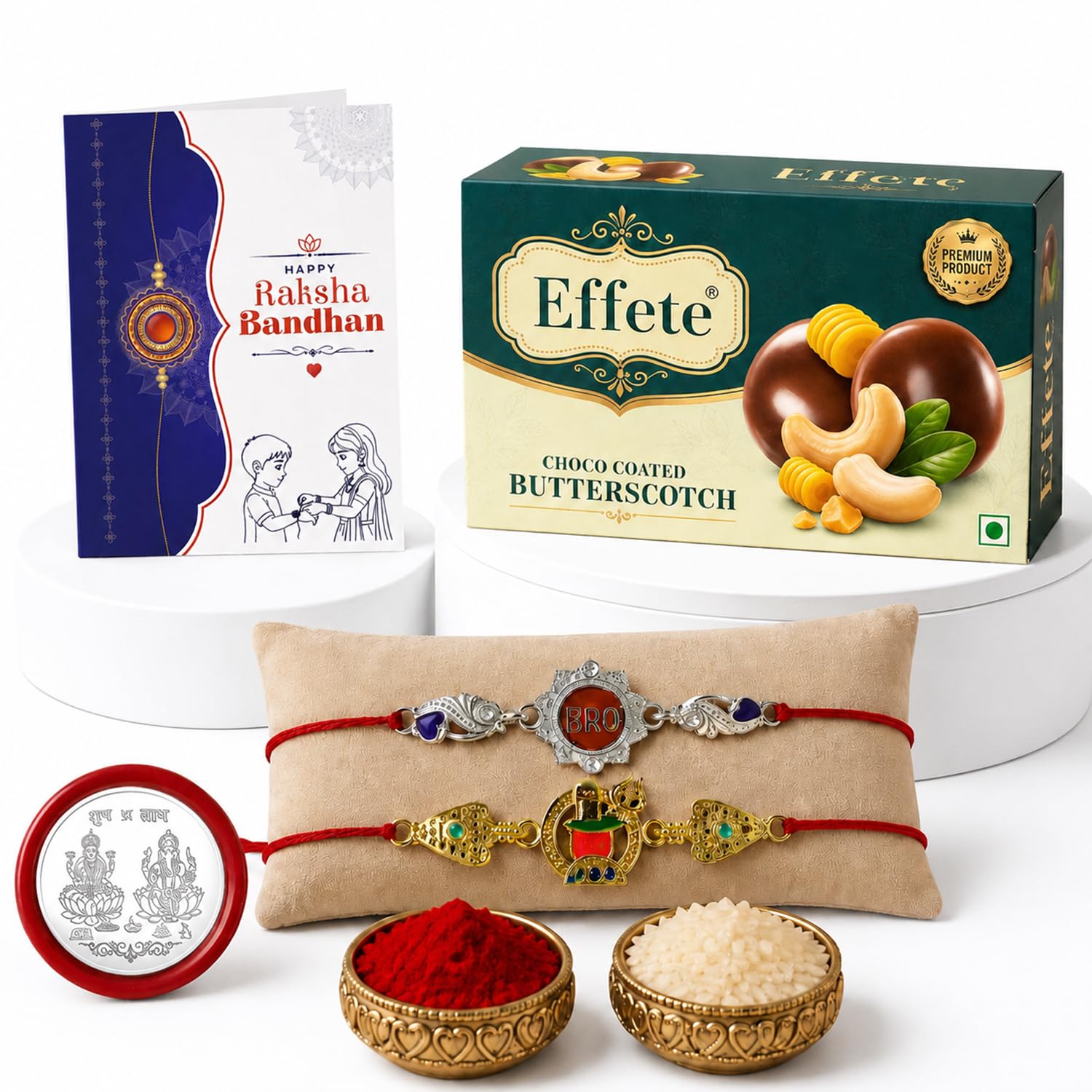 Rakhi with Chocolate for Brother (Set of 6) – Raksha Bandhan Festival Celebration Combo for Bhai with BRO & Shivling Design Rakhi, Chocolate, Roli Chawal, Silver Color Coin & Greeting Card