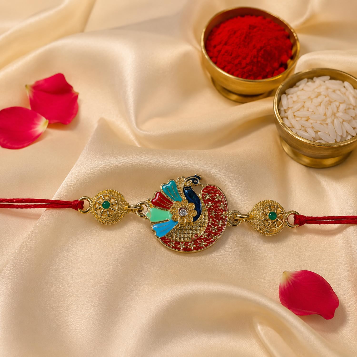 Colorful Mor Rakhi for Brother with Chocolate Beats 32gm, Coin & Card, Pack of 5