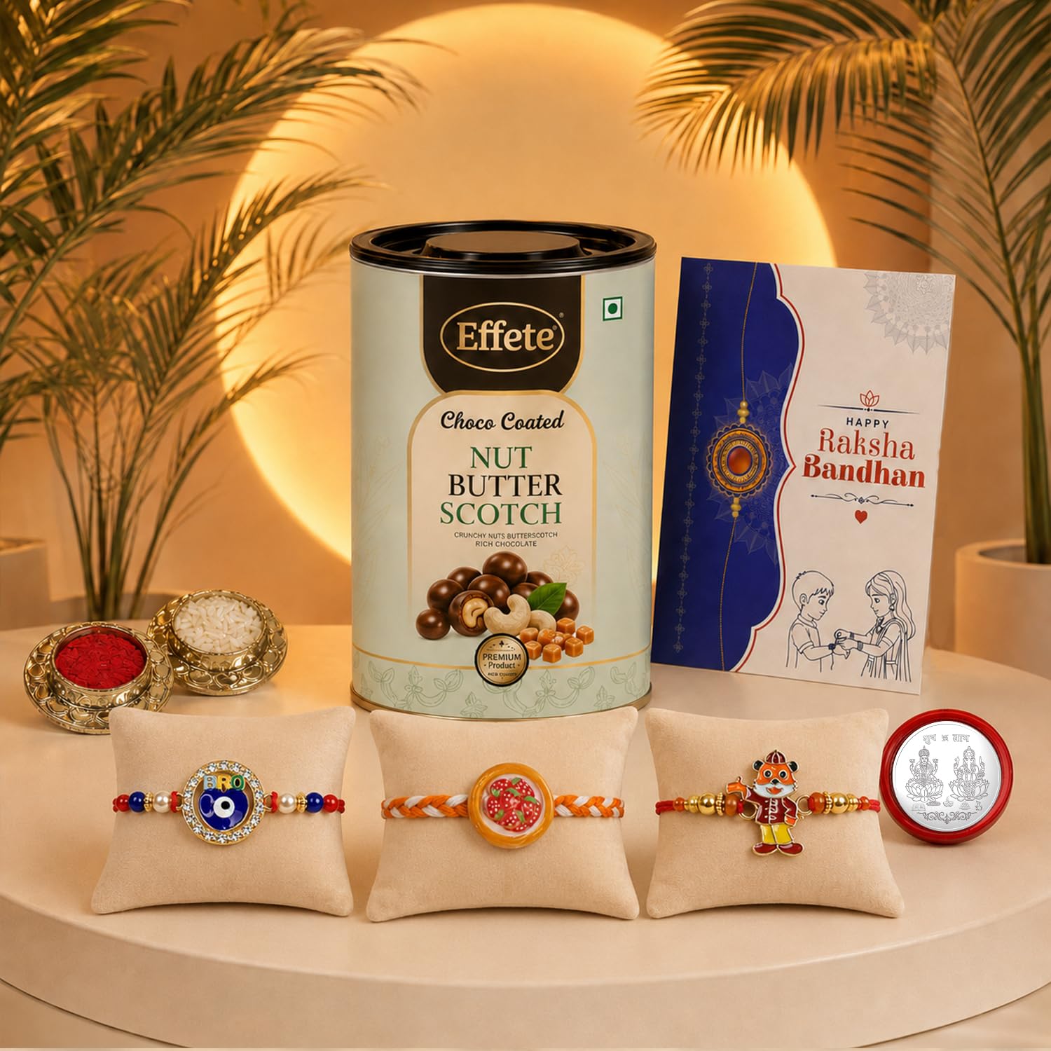 Rakhi Set for Brother (Set of 7) – Cute Design, Strawberry & Evil Eye Rakhi Combo with Chocolate, Roli Chawal, Silver Color Coin & Greeting Card – Raksha Bandhan Pack (K3_1667+1131+1018_BS96)