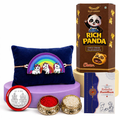 Kids Rainbow Unicorn Rakhi for Brother with Choco Cream Biscuit 60gm, Pack of 5