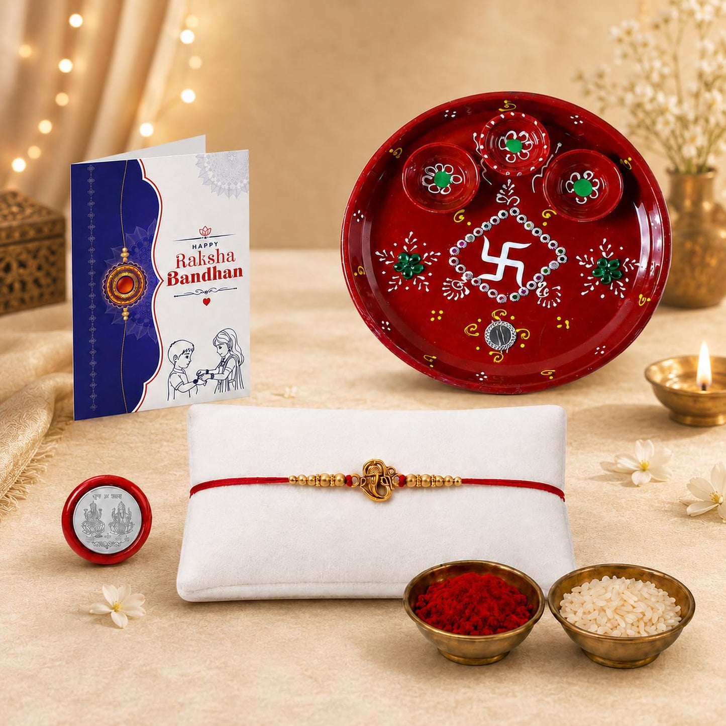 OM Ganesha Rakhi Combo - Raksha Bandhan Gift with Decorated Pooja Thali, Pack of 5