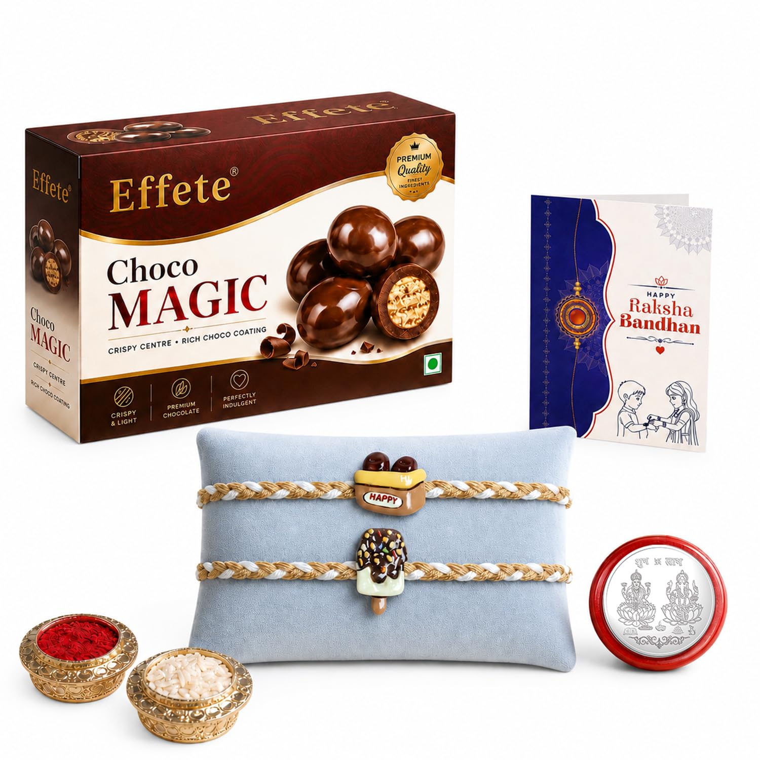 Happy Rakhi for Brother with Chocolate Magic 96gm, Roli Tikka & Card, Pack of 6