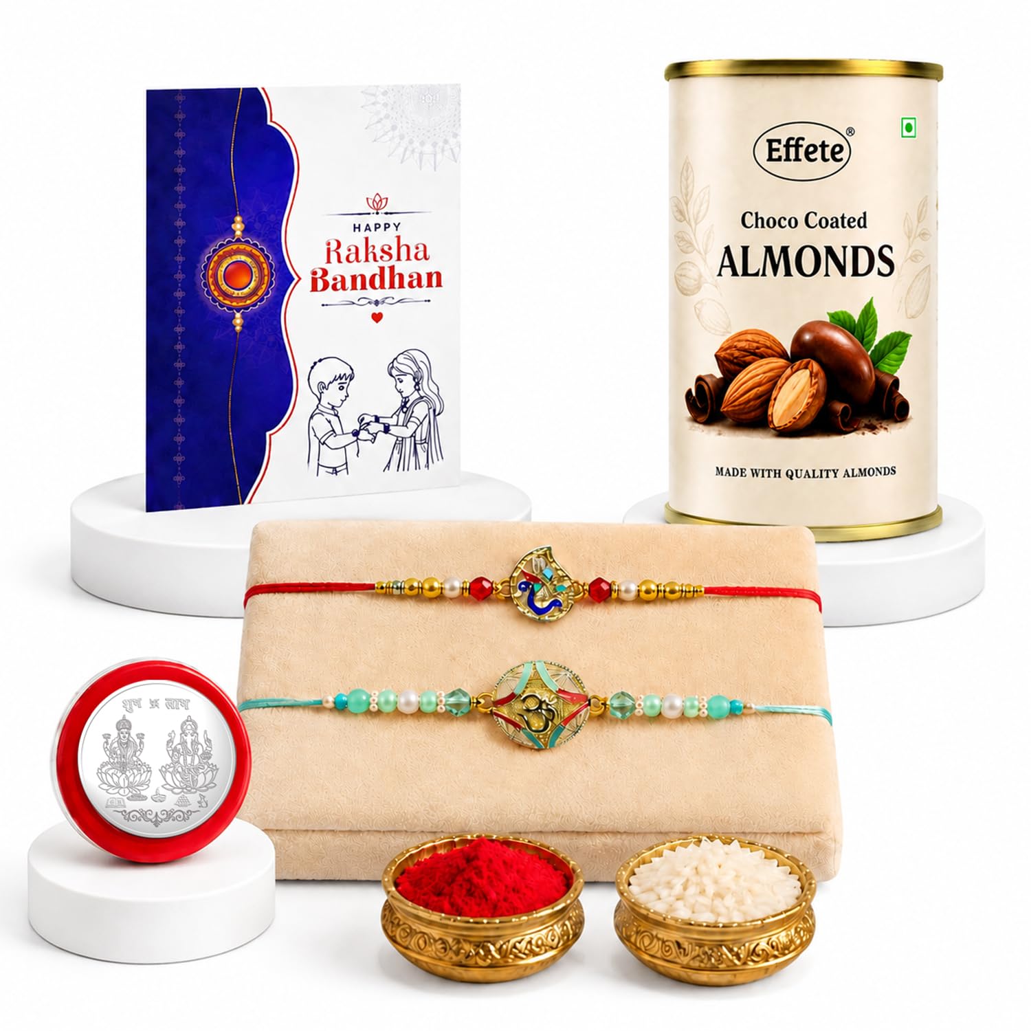Mor and Om Rakhi for Brother with Chocolate Almonds 96gm, Coin & Card, Pack of 5