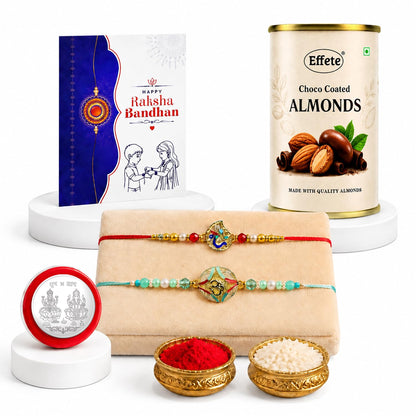 Mor and Om Rakhi for Brother with Chocolate Almonds 96gm, Coin & Card, Pack of 5