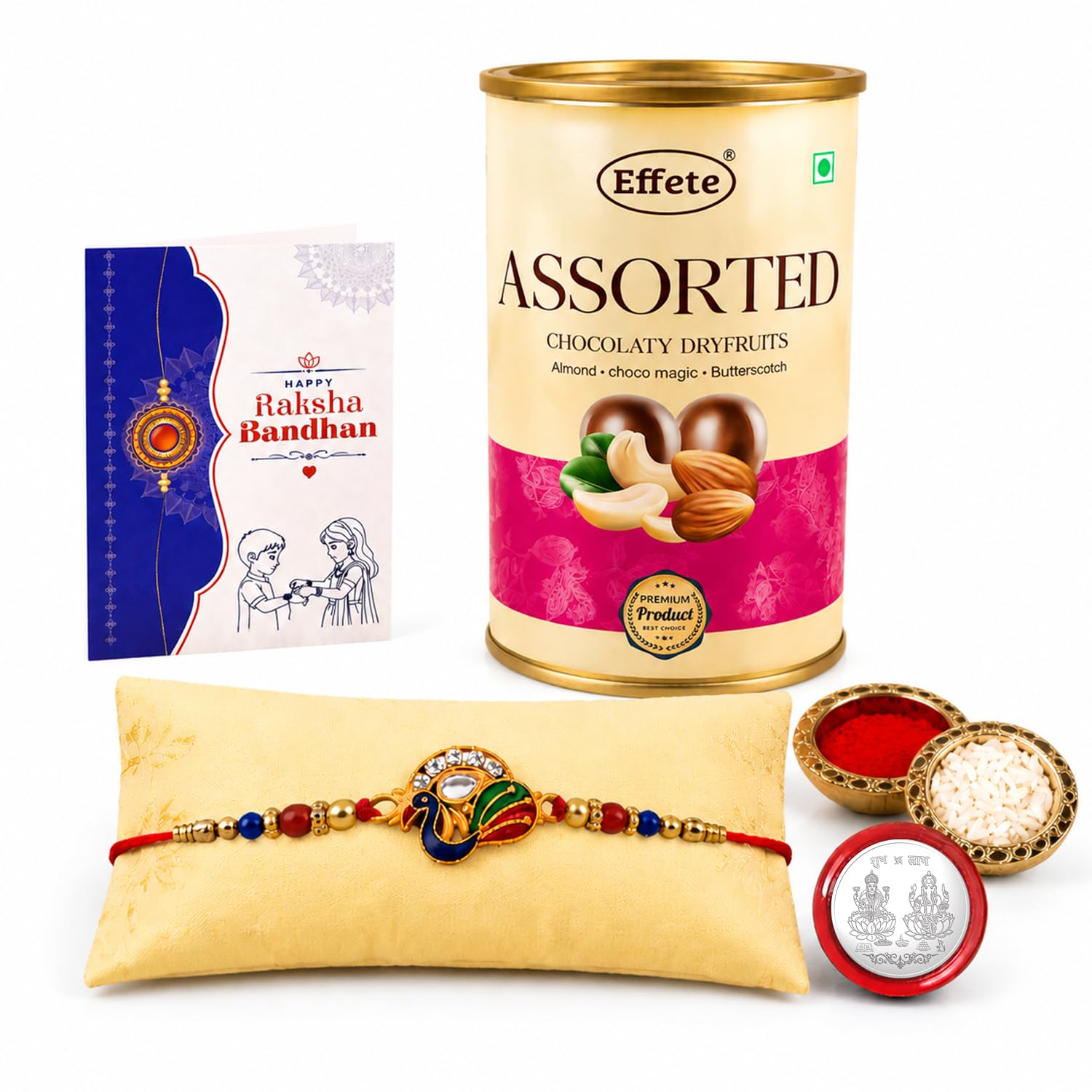 Peacock Rakhi for Brother with Emperor Chocolate, Roli Chawal & Card, Pack of 5