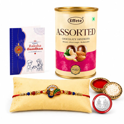 Peacock Rakhi for Brother with Emperor Chocolate, Roli Chawal & Card, Pack of 5