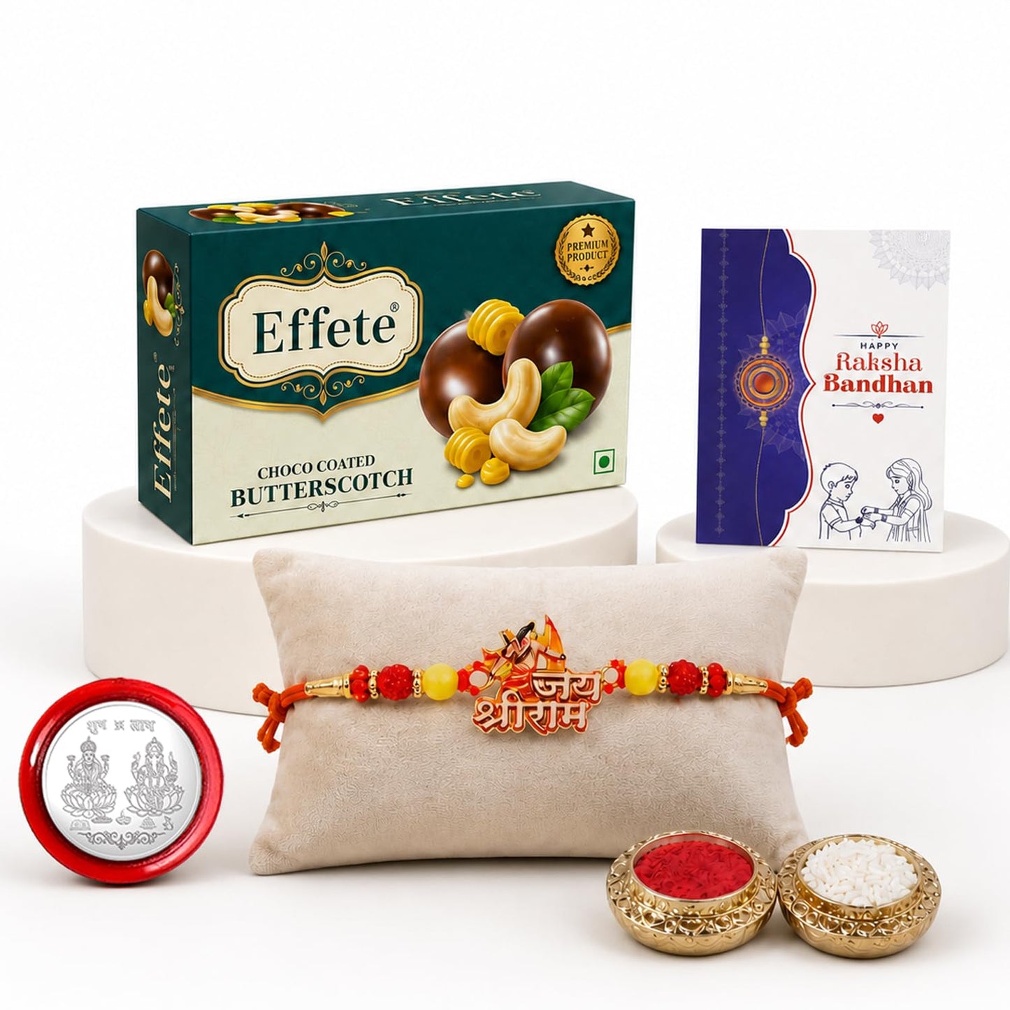 Shri Ram Rakhi for Brother with Butter Scotch 32gm, Roli Tikka & Card, Pack of 5